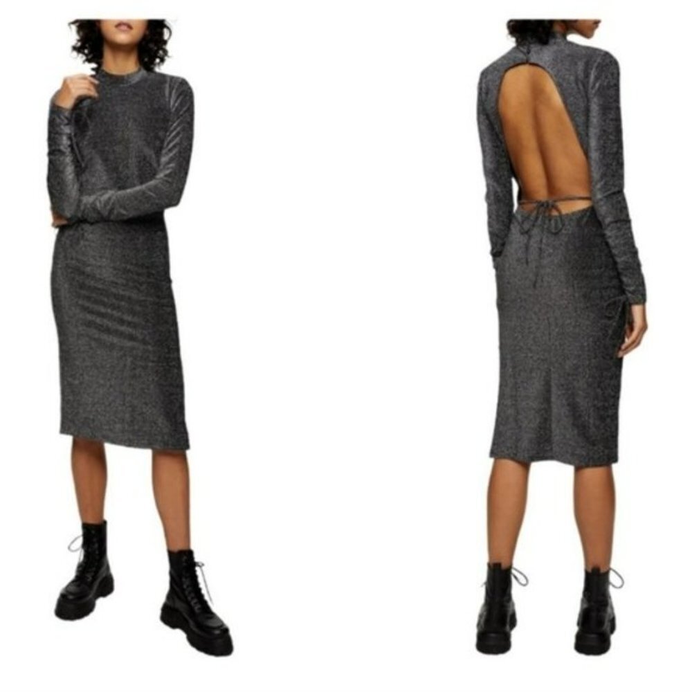 Topshop  dress womens sz 10 open back midi cocktail sliver black New Year party